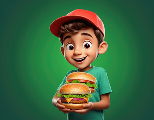 boy with hamburger adorable cartoon style 3d realistic cartoons 3d render 3d illustration