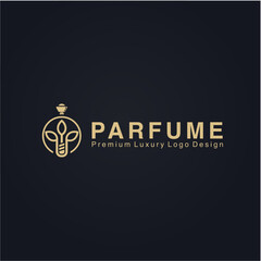 fancy parfume logo with gold colored lines. luxury parfume bottle logo and business card design