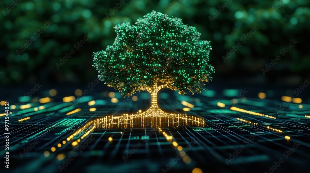 Poster abstract numeric growth tree: a tree with branches that turn into graphs and charts, with each leaf 