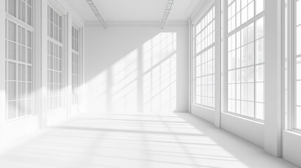 Empty room, large windows, white walls, generative ai