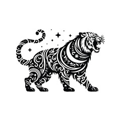 Obraz premium Tiger in bohemian black and white silhouette illustration