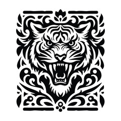 Fototapeta premium Tiger in folk art black and white silhouette illustration