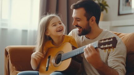 A joyful father and daughter share a musical moment at home in the living room while playing guitar together