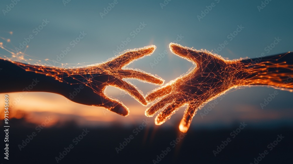 Poster abstract shapes of hands reaching out from various directions, connected by glowing lines representi