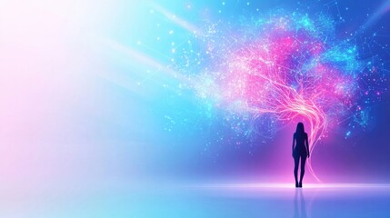 Abstract representation of intelligence growth mindset, with a human silhouette standing beneath a tree made of glowing circuits and neural networks