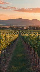 Fototapeta premium A picturesque vineyard at sunset with rows of grapes creates serene atmosphere