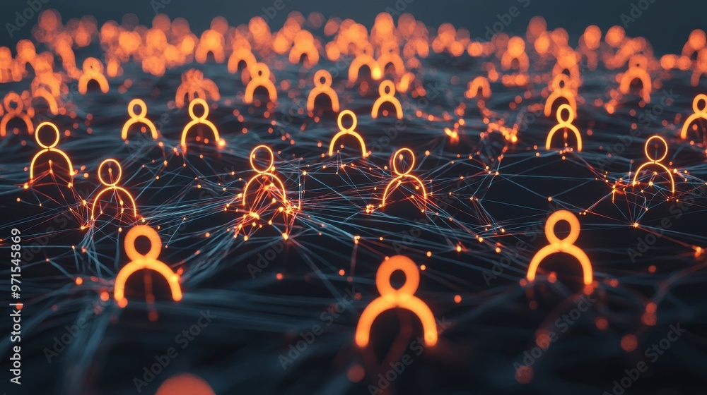Poster abstract shapes representing people, connected by glowing threads, symbolizing communication and syn