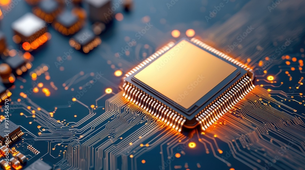 Poster close-up of a modern microchip on a circuit board, showcasing intricate details and glowing connecti