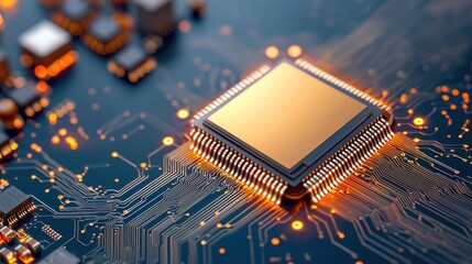 Close-up of a modern microchip on a circuit board, showcasing intricate details and glowing connections.