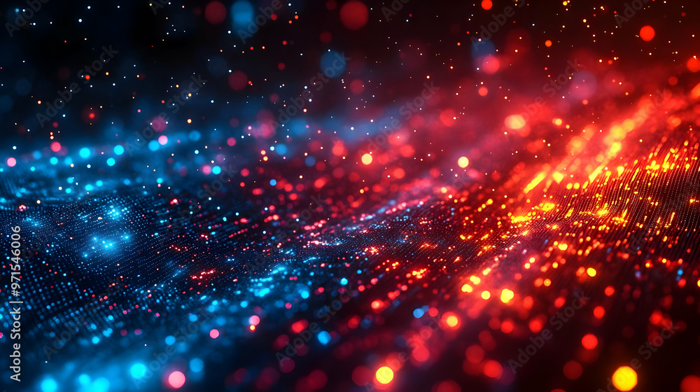 Poster a vibrant digital abstract with blue and red particles creating a dynamic visual effect.