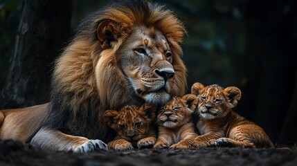 Fototapeta premium a lion adult female and her sweet little lions