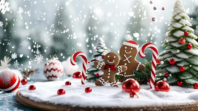 Christmas design holiday gift card, banner, web poster. On the round snow podium Gingerbread red candy cane, gingerbread man	