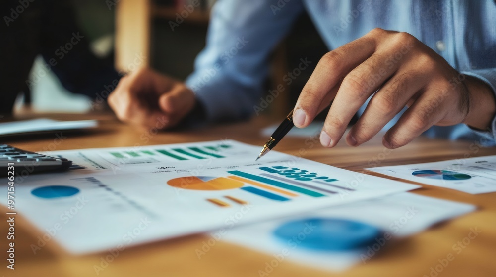 Poster close-up of a hand pointing at a graph on a desk, analyzing financial data.