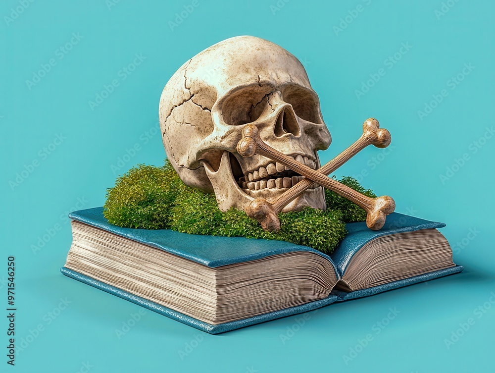 Poster a creative depiction of a skull resting on an open book with moss, symbolizing knowledge and mortali
