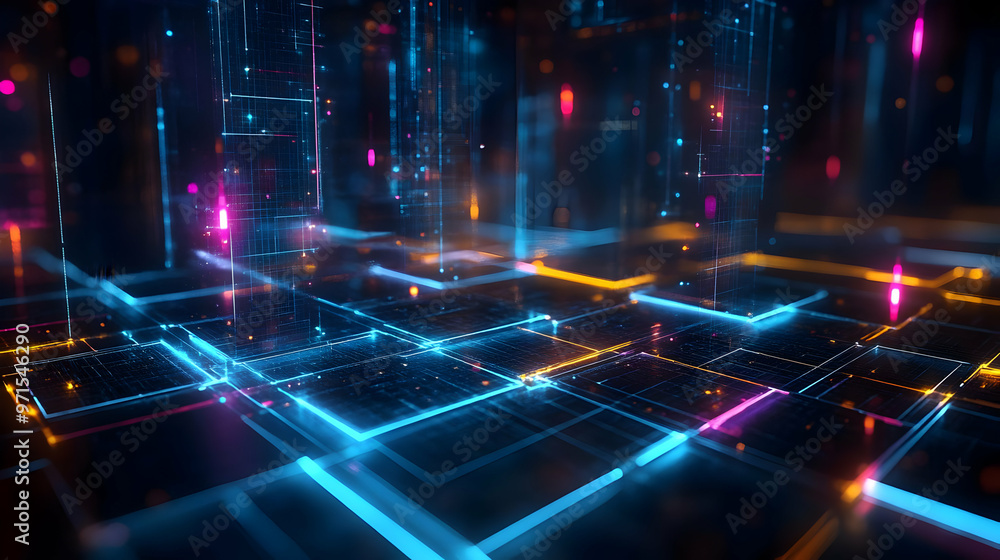 Poster a vibrant digital landscape with glowing grids and abstract light patterns.
