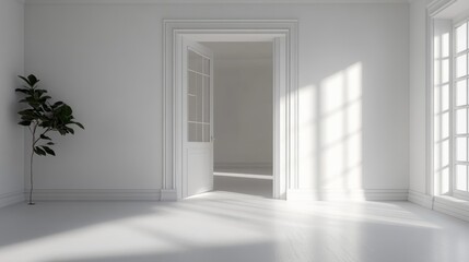 Empty room, open doorway, white walls, generative ai