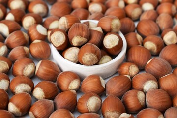 Hazelnuts in shell in a small bowl and around it