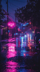 Obraz premium A rainy city driveway with water reflecting neon lights creates vibrant atmosphere
