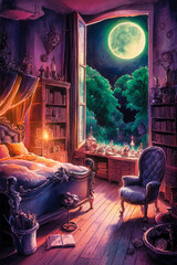 Old witchy bedroom. Watercolor illustration