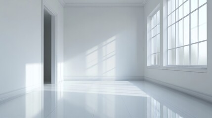 Fototapeta premium Empty room, reflective white floor, white walls, generative ai