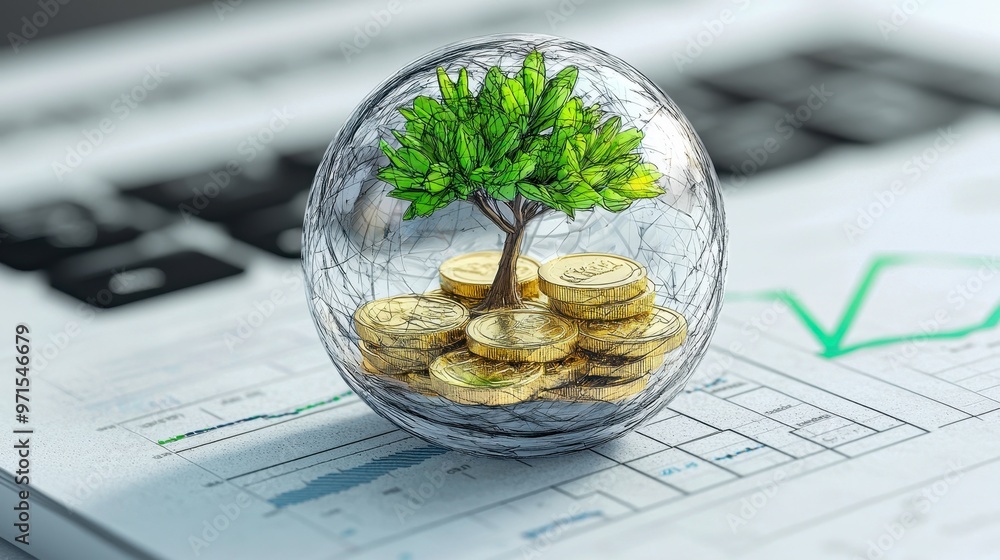 Poster a symbolic representation of financial growth, featuring a tree within a globe of coins on a busines