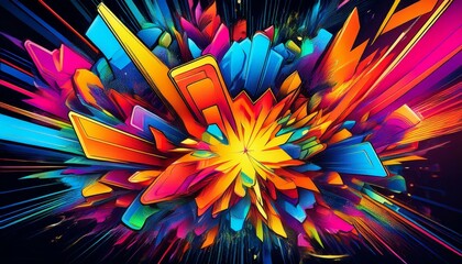 Fototapeta premium Explosive neon shapes collide in a vibrant pop-art style, with bold black outlines and colorful gradients