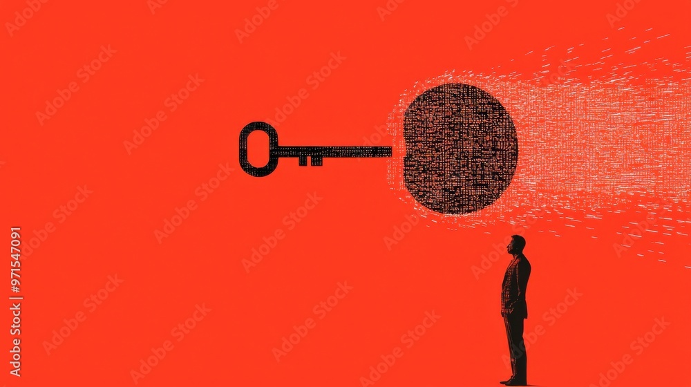 Poster an abstract figure holding a key that fits into a floating digital lock, symbolizing the importance 