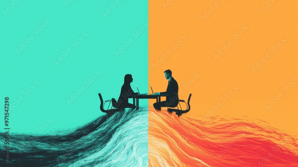 Aufkleber an abstract figure split into two, one side sitting at a home desk and the other side in a corporate