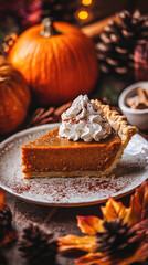 Delicious slice of pumpkin pie with whipped cream, perfect for fall celebrations