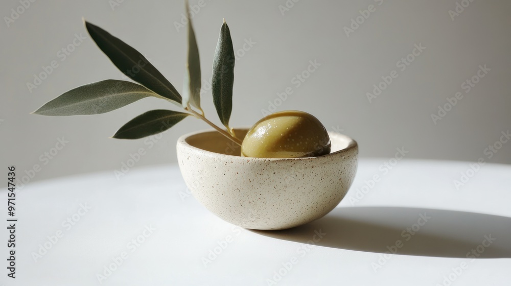 Canvas Prints A Single Green Olive in a Speckled Ceramic Bowl with Olive Branch