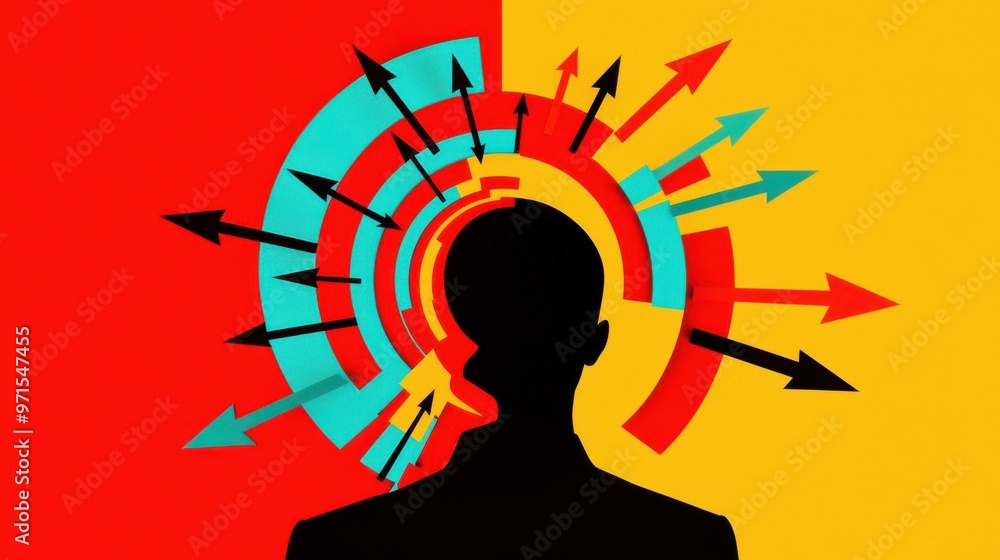 Poster an abstract figure with arrows circling around them, pointing toward various points of growth, symbo