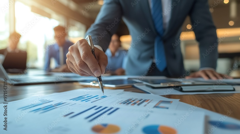 Aufkleber close-up of businessman's hand pointing at a graph on a table with blurred background.