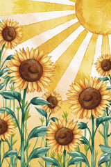 Sunflowers in the sun. Watercolor illustration