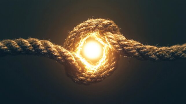 An abstract knot made of twisted ropes untying itself, with soft glowing light emanating from the center, symbolizing conflict resolution and the release of tension
