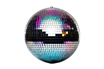 Disco ball full body, centered, isolated against a pristine white background, stock photography style, high-quality, reflecting light to create a sense of depth, ultra vibrant