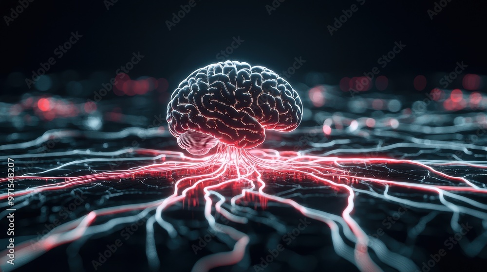 Poster an abstract representation of a desk with glowing neural pathways spreading out from a central compu
