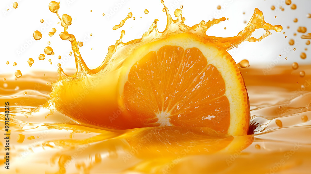 Poster a vibrant orange slice splashes into a pool of orange juice, creating a refreshing scene.