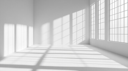 Fototapeta premium Empty room, shadow patterns on walls, white color, generative ai