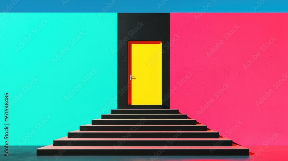 Poster an abstract staircase with each step representing a performance metric, leading up to a bright door 
