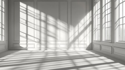 Empty room, shadow patterns on walls, white color, generative ai