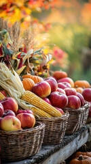 Harvest table with apples, corn, and pumpkins creates warm autumn atmosphere