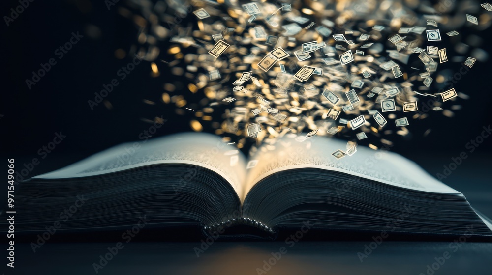 Poster an open book with numbers and currency symbols floating out like streams of light, showing how knowl
