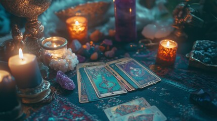 A mystical tarot reading setup with candles, crystals, and vibrant decor at night in a dimly lit room