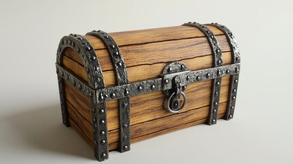 A wooden treasure chest with metal clasps and hinges.