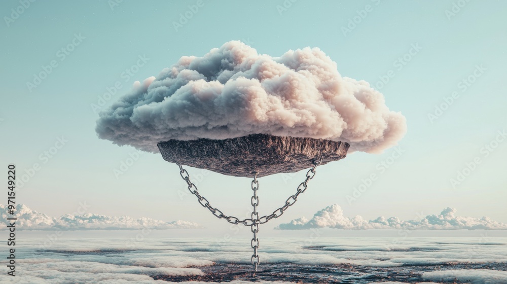 Poster anchor of dreams: a floating island with abstract clouds and ideas, but anchored securely to the gro