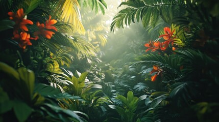 Lush Tropical Rainforest with Sunlight Filtering Through the Canopy