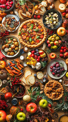A vibrant Thanksgiving table filled with delicious roasted vegetables, pies, and fruits
