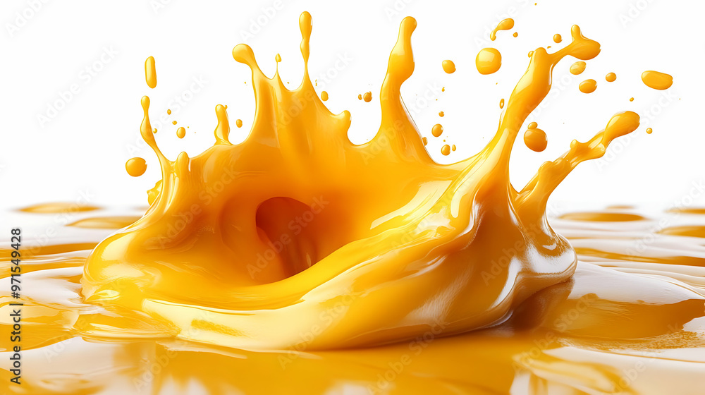 Poster a vibrant splash of yellow liquid creating dynamic shapes and textures.