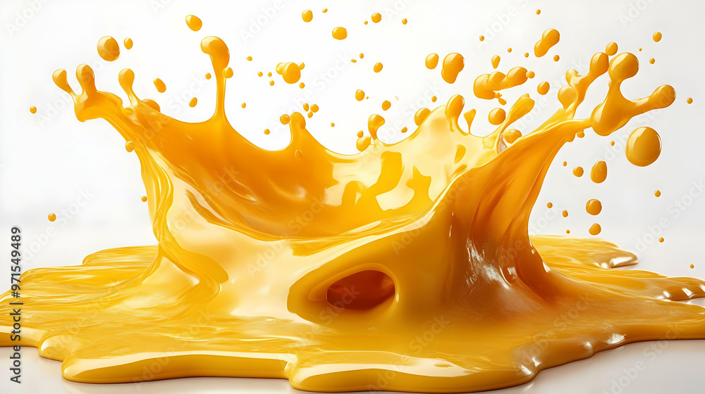 Poster a vibrant splash of yellow liquid creating dynamic shapes and textures.