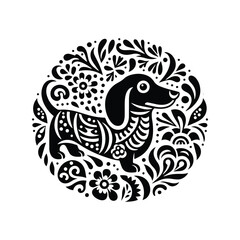 Dachshund dog in folk art black and white silhouette illustration